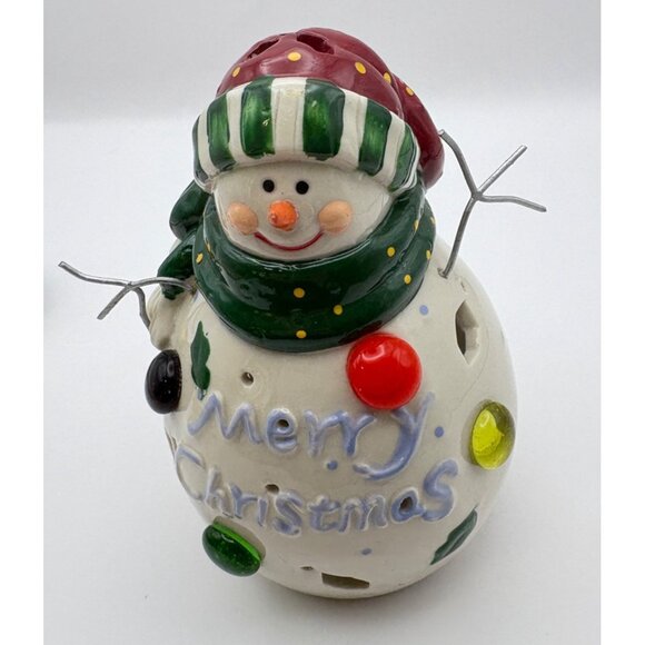 Cheerful Snowman Tealight Holder Merry Christmas Ceramic - Picture 8 of 9